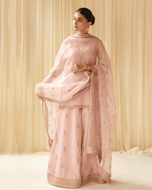Woman in pastel pink embroidered lehenga with dupatta, traditional Indian outfit