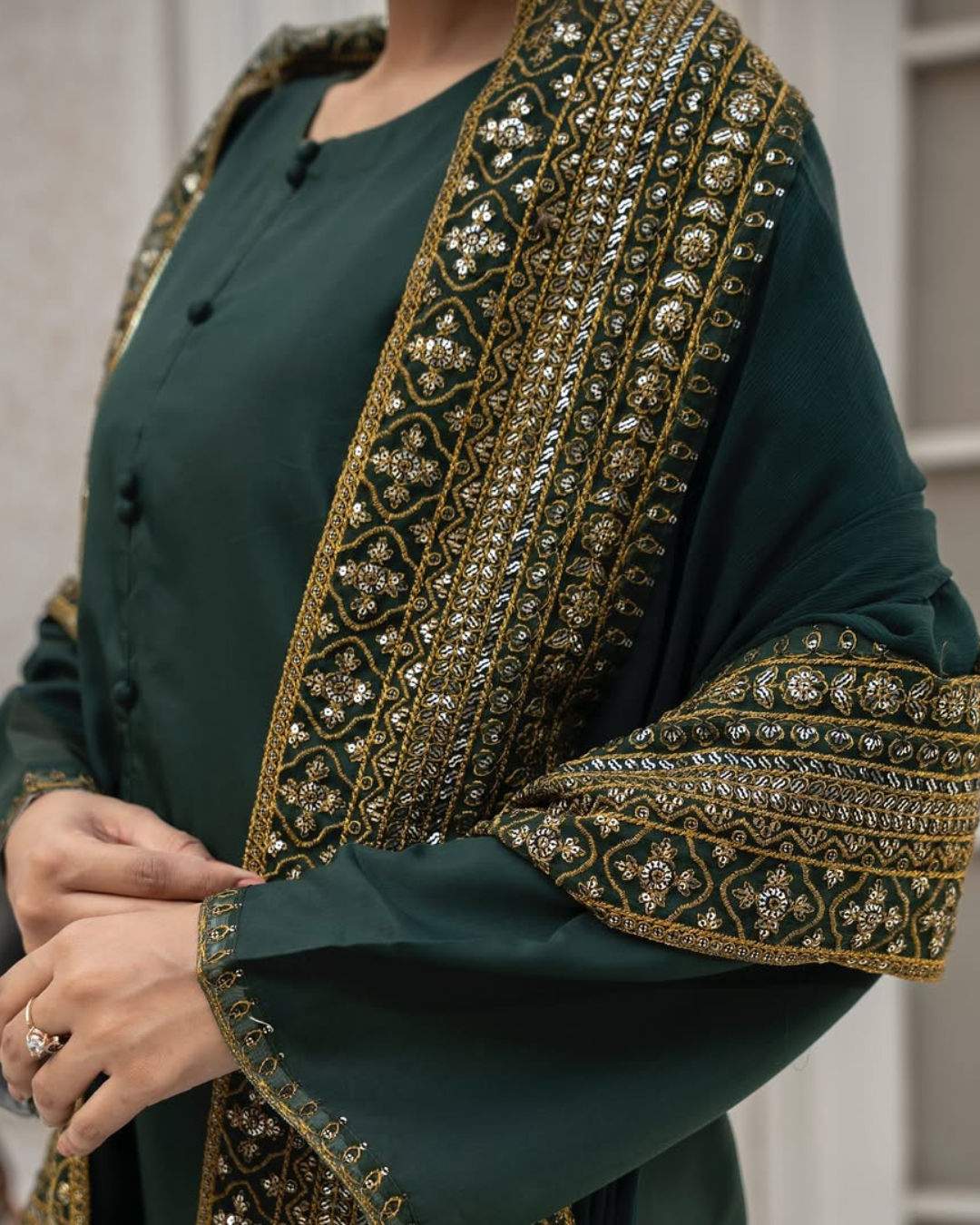 Green Mystique Luxe, an Exquisite 3-Piece Stitched Suit