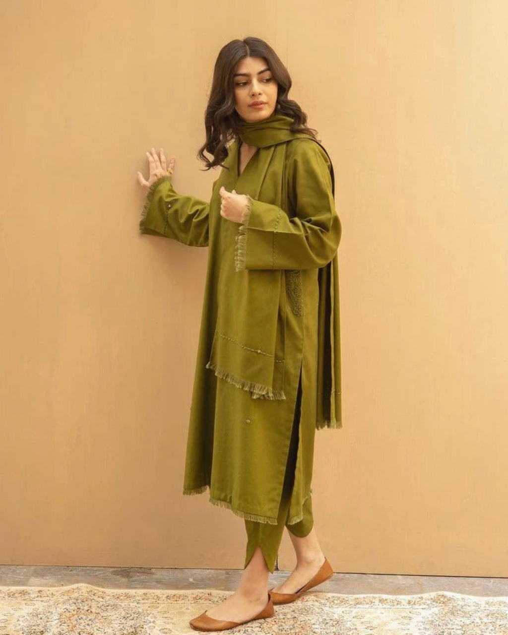 Olive Whisper 3 Piece Stitched Suit