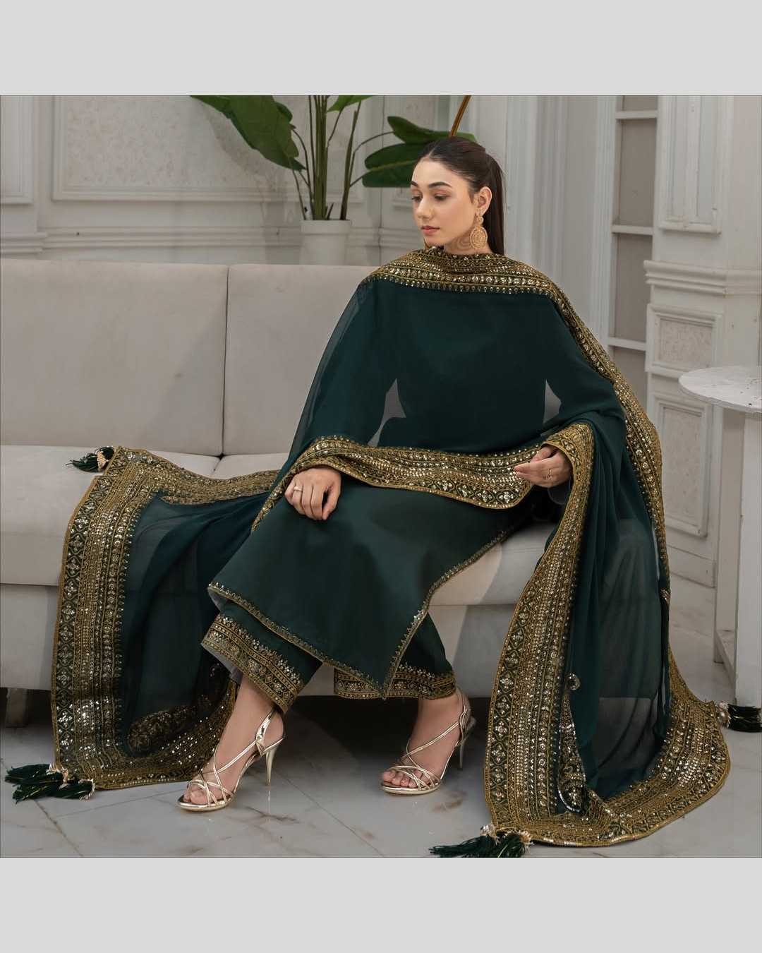 Green Mystique Luxe, an Exquisite 3-Piece Stitched Suit