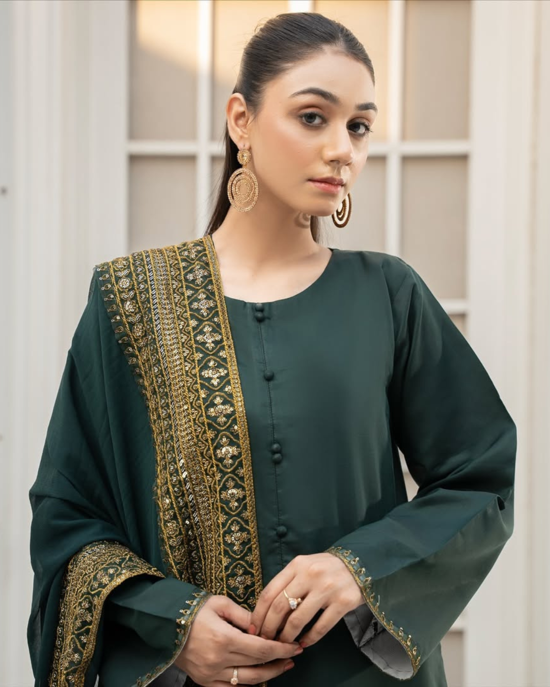 Green Mystique Luxe, an Exquisite 3-Piece Stitched Suit