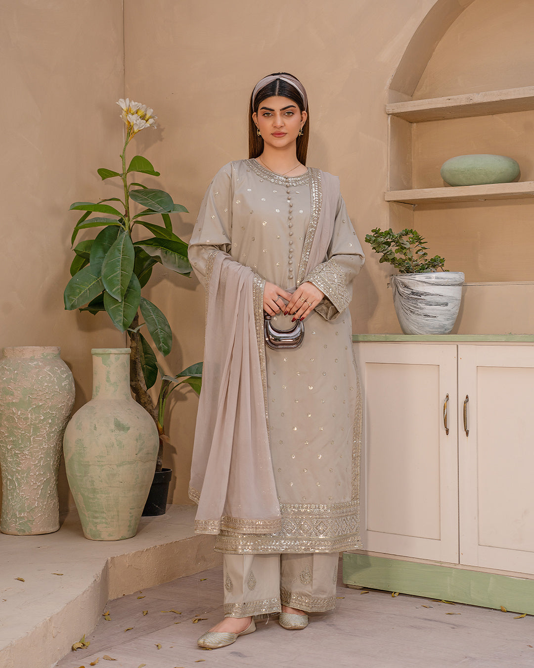 Ethereal Beige – 3 Piece Embroidered Suit