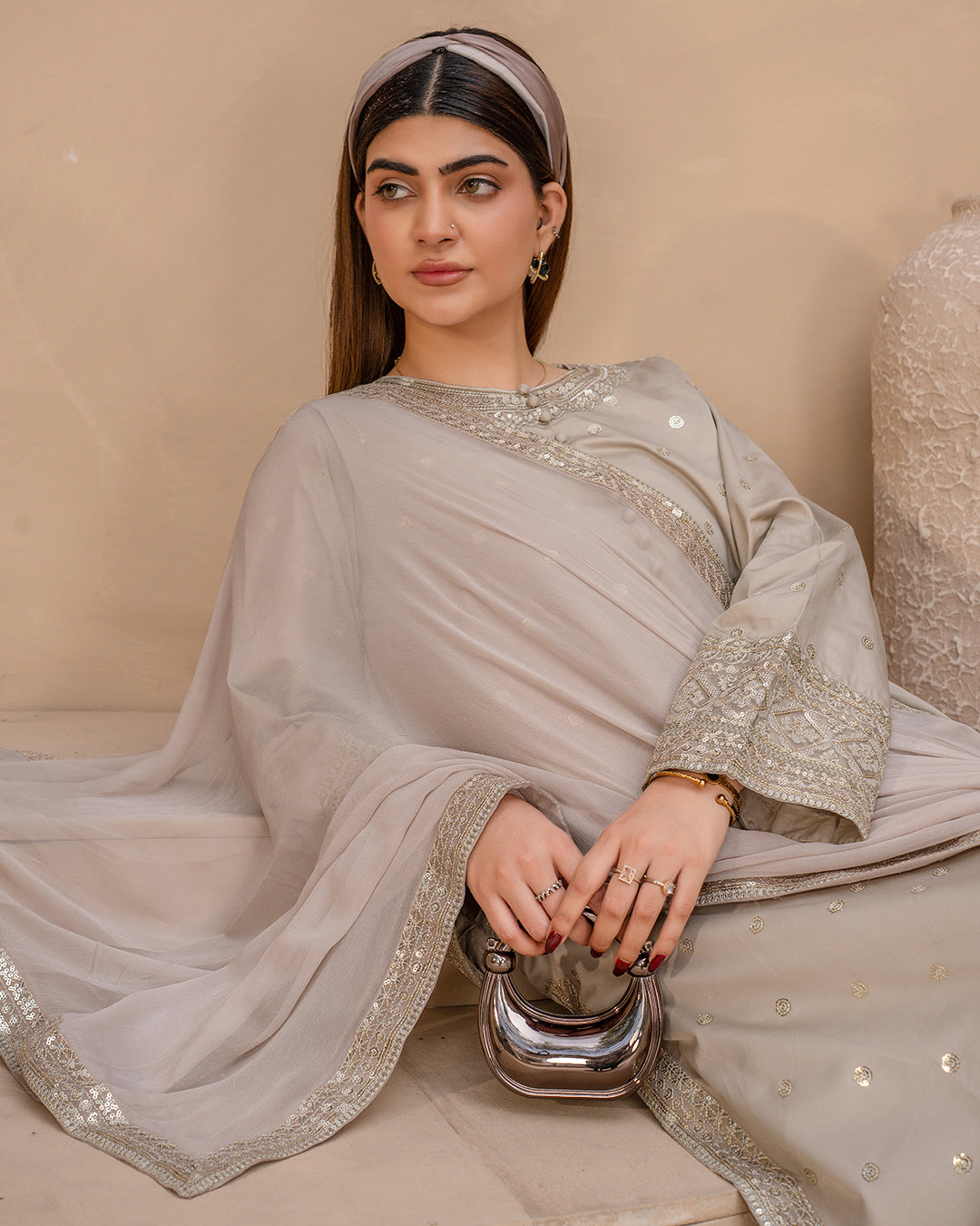 Ethereal Beige – 3 Piece Embroidered Suit
