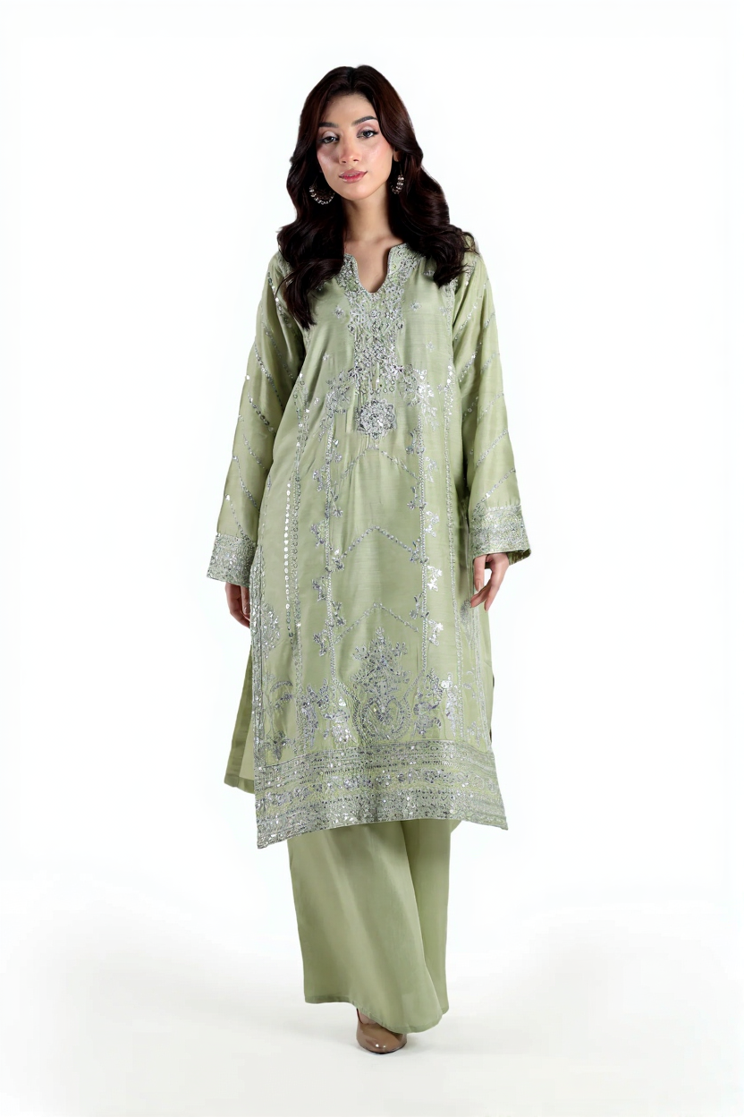 Mint Luxe – 3 Piece Embroidered Satin Ensemble by Noor E Adan Official