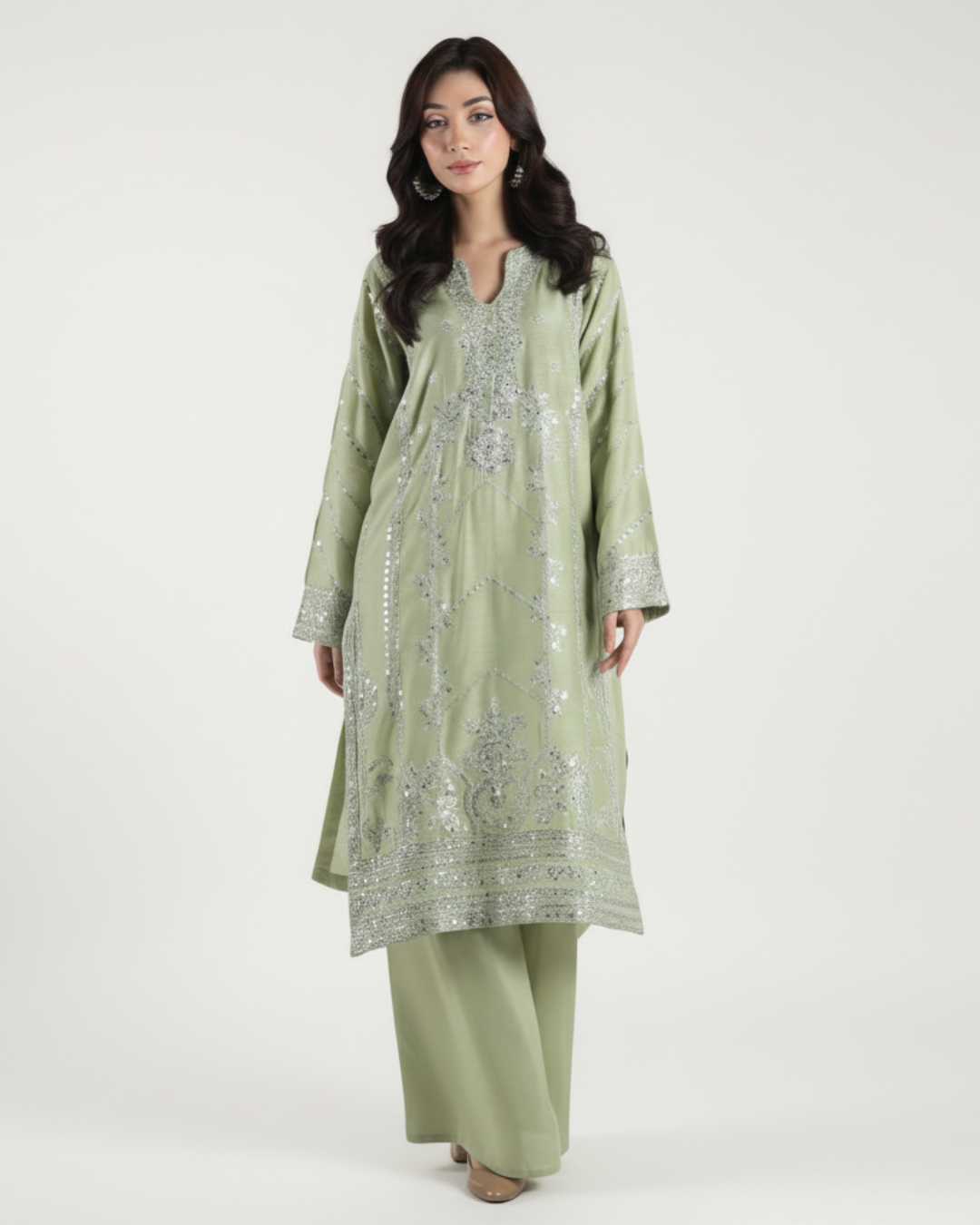Mint Luxe – 3 Piece Embroidered Satin Ensemble by Noor E Adan Official