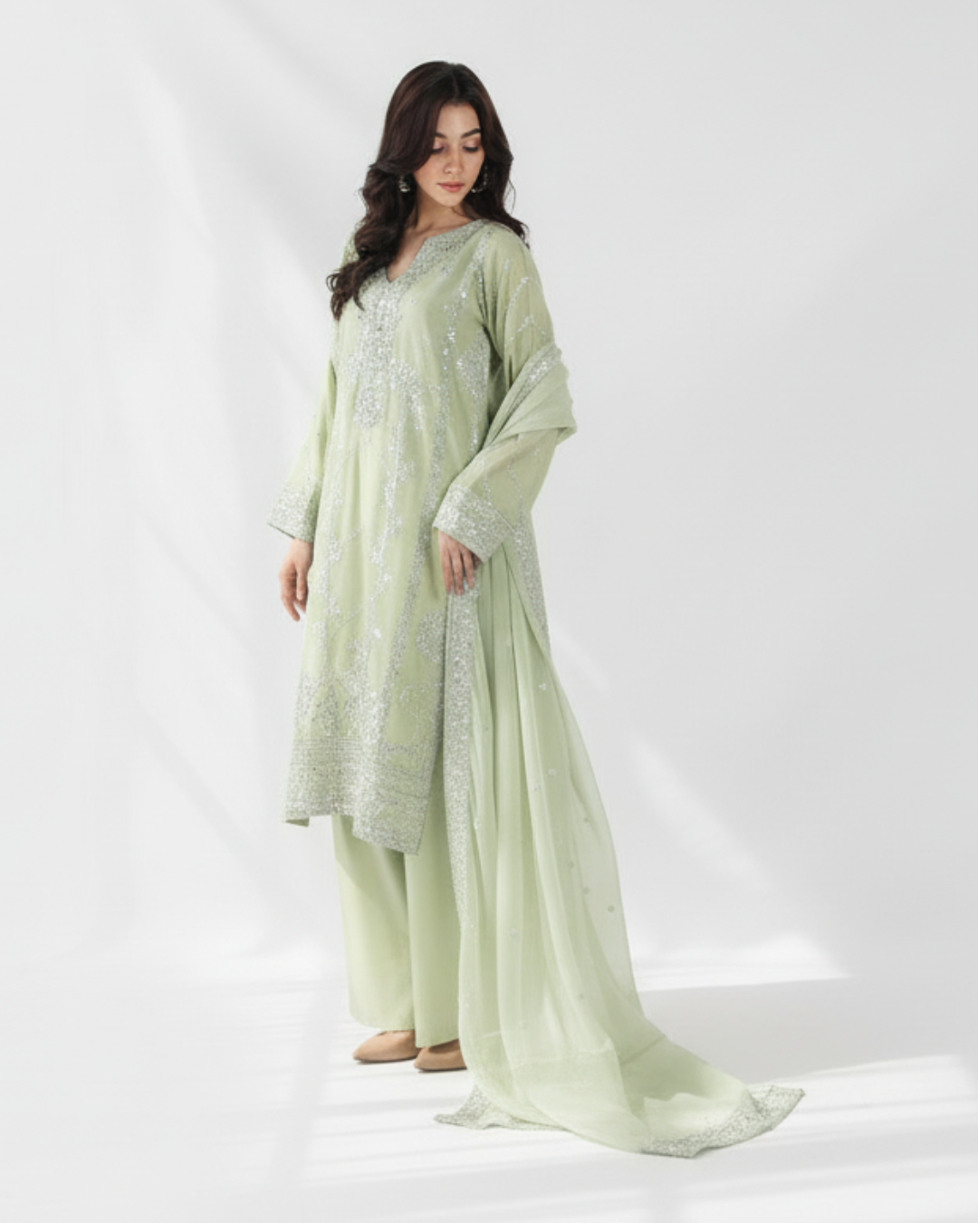 Mint Luxe – 3 Piece Embroidered Satin Ensemble by Noor E Adan Official