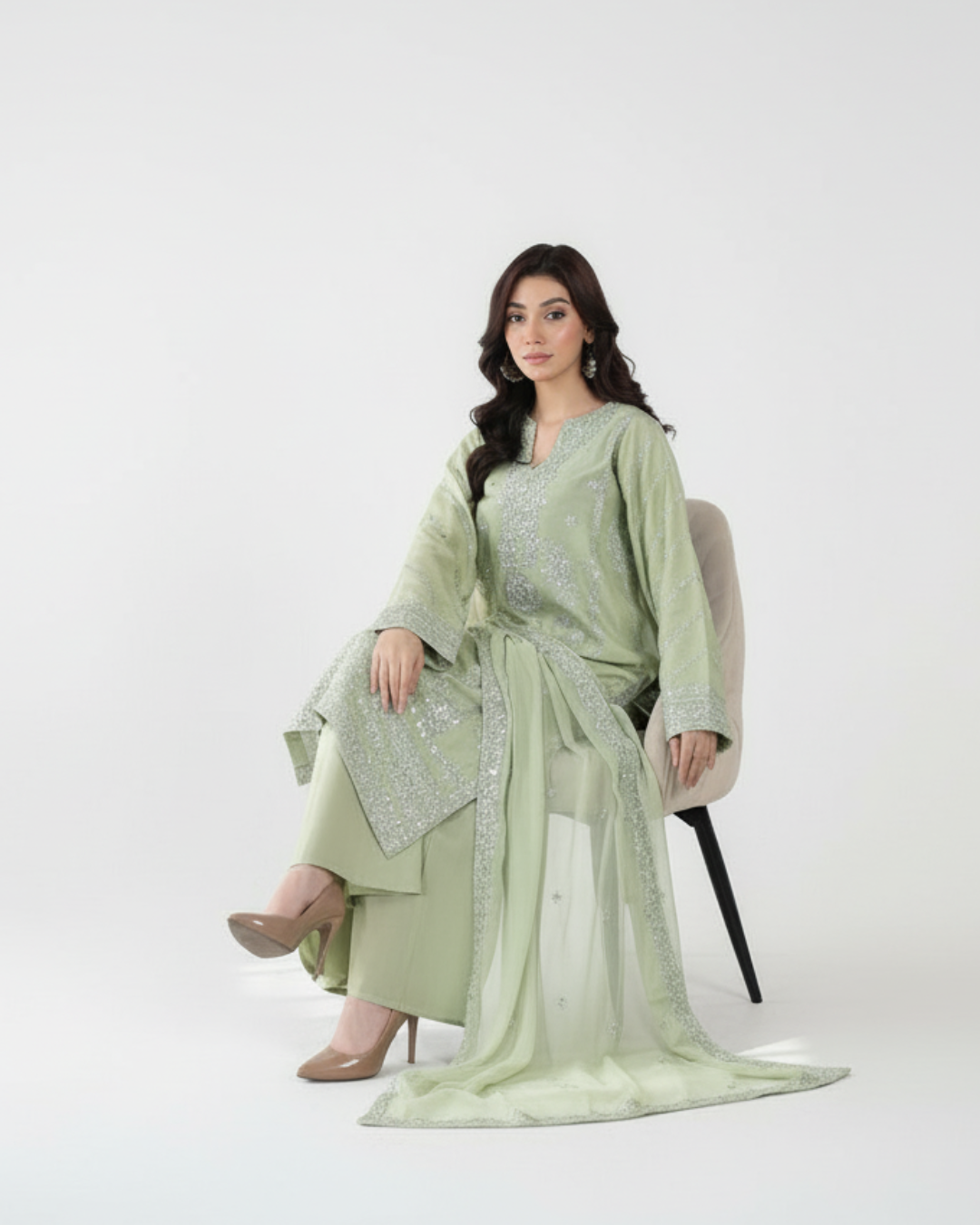 Mint Luxe – 3 Piece Embroidered Satin Ensemble by Noor E Adan Official