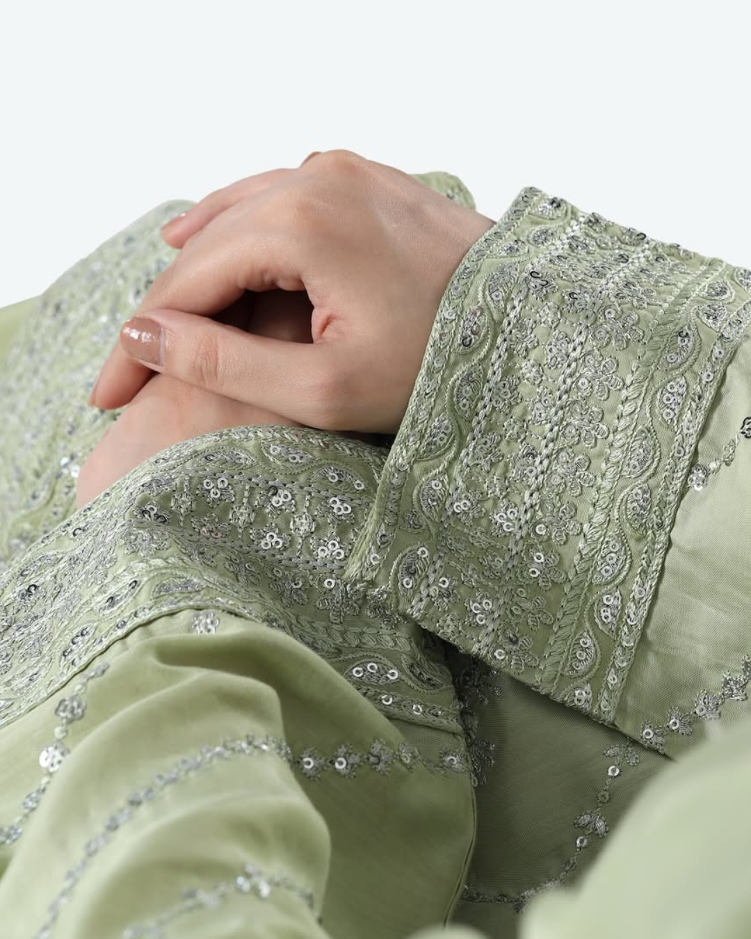 Mint Luxe – 3 Piece Embroidered Satin Ensemble by Noor E Adan Official