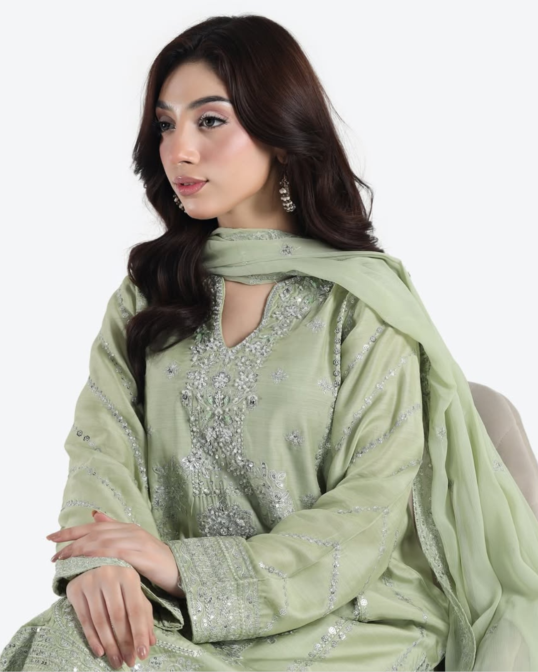 Mint Luxe – 3 Piece Embroidered Satin Ensemble by Noor E Adan Official