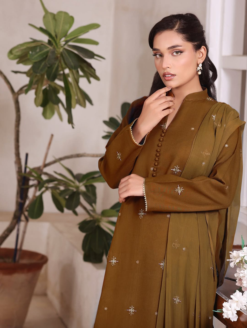 Olive Aura | 3 Piece Stitched Suit