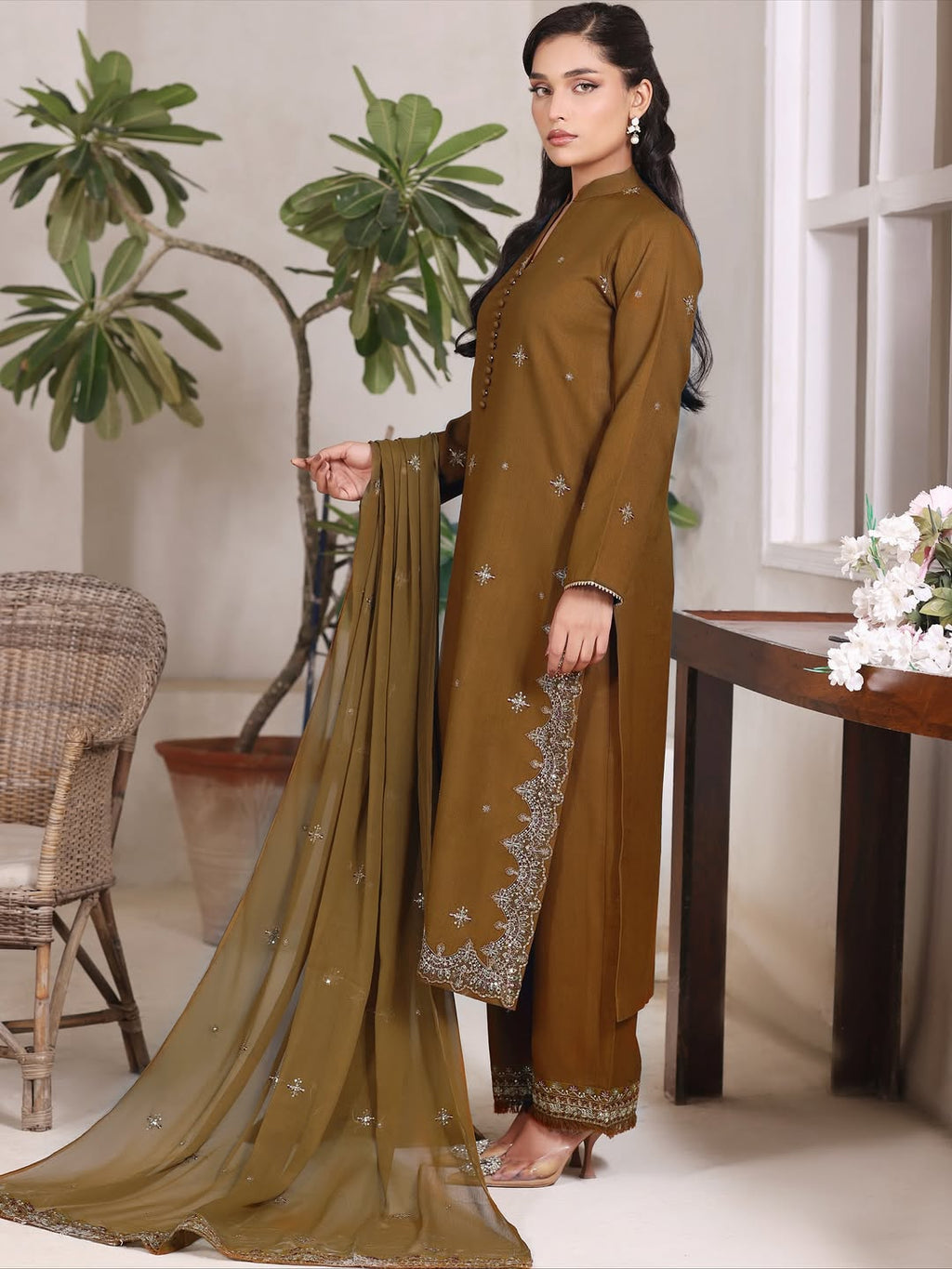 Olive Aura | 3 Piece Stitched Suit