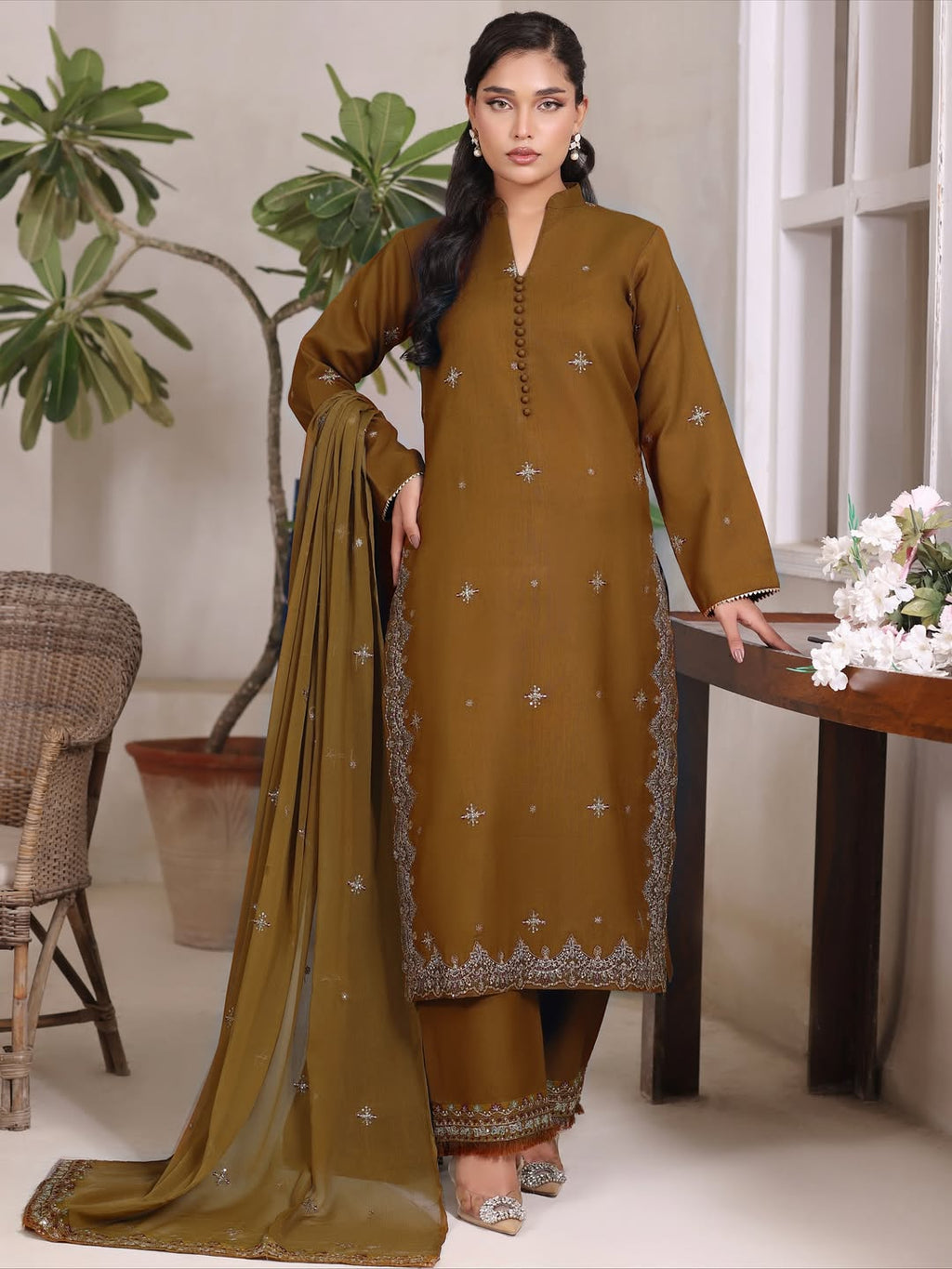 Olive Aura | 3 Piece Stitched Suit