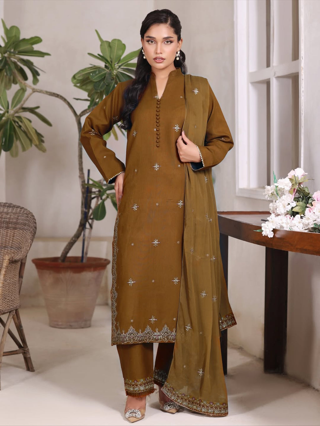 Olive Aura | 3 Piece Stitched Suit