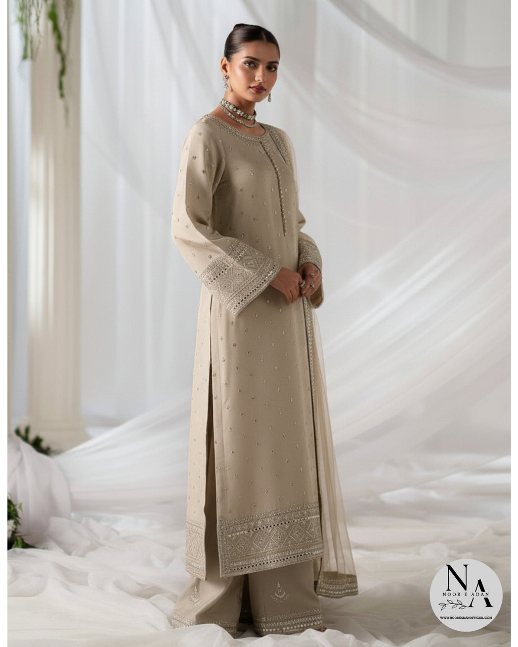 Ethereal Beige – 3 Piece Embroidered Suit