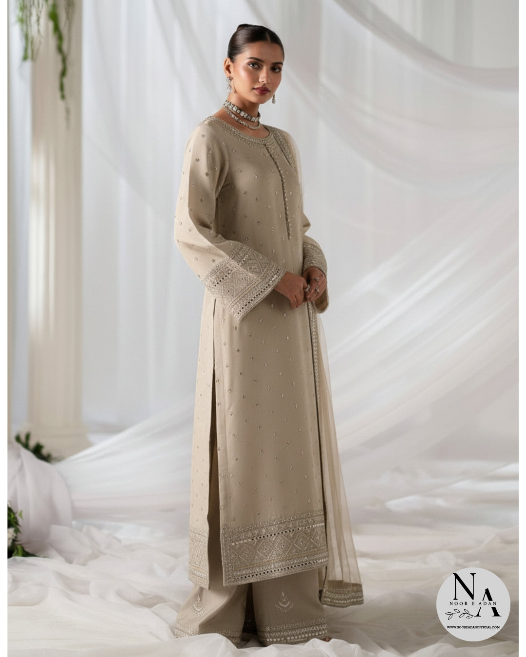 Ethereal Beige – 3 Piece Embroidered Suit
