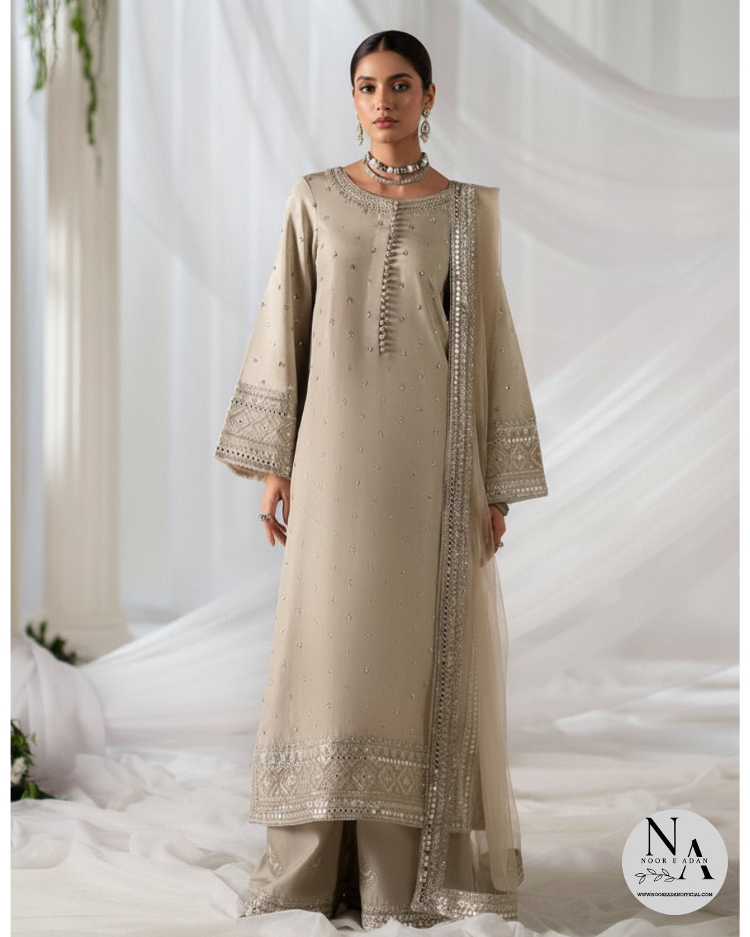 Ethereal Beige – 3 Piece Embroidered Suit