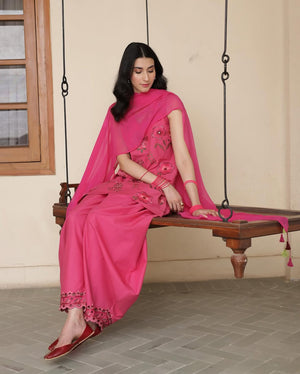 Woman wearing pink embroidered salwar kameez sitting on a wooden indoor swing