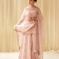 Woman in pastel pink embroidered lehenga with dupatta, traditional Indian outfit